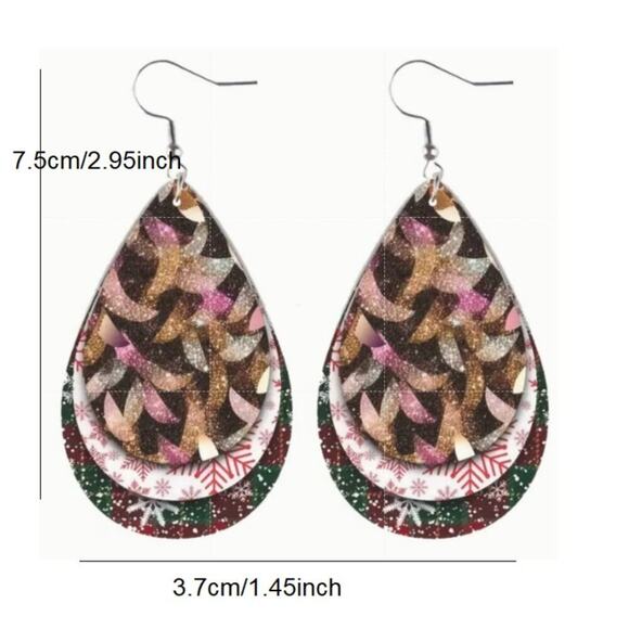 Set of handmade Christmas Teardrop Reversible PU Leather Hook Earrings C4, New! - Picture 3 of 3